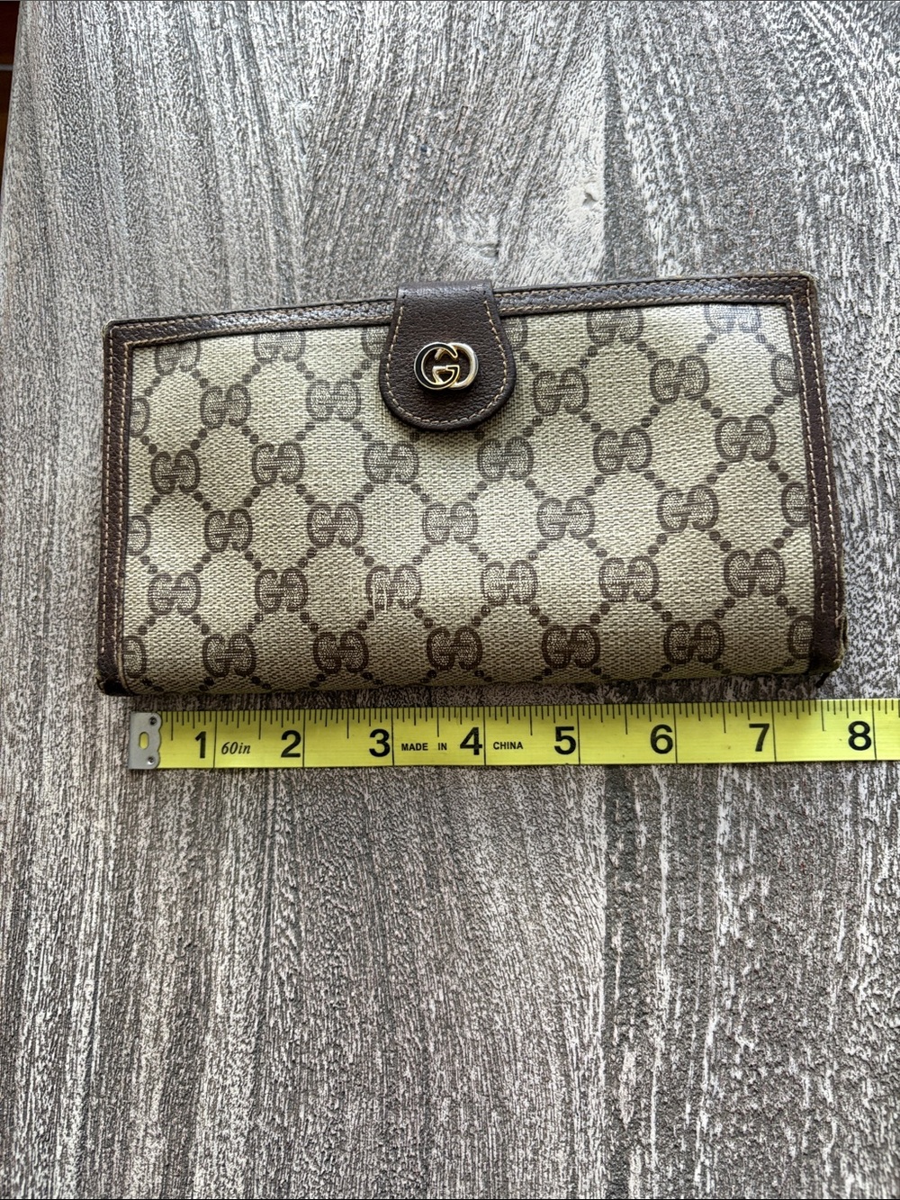 Gucci Beige Monogram Wallet with Brown Trim and Gold Hardware
